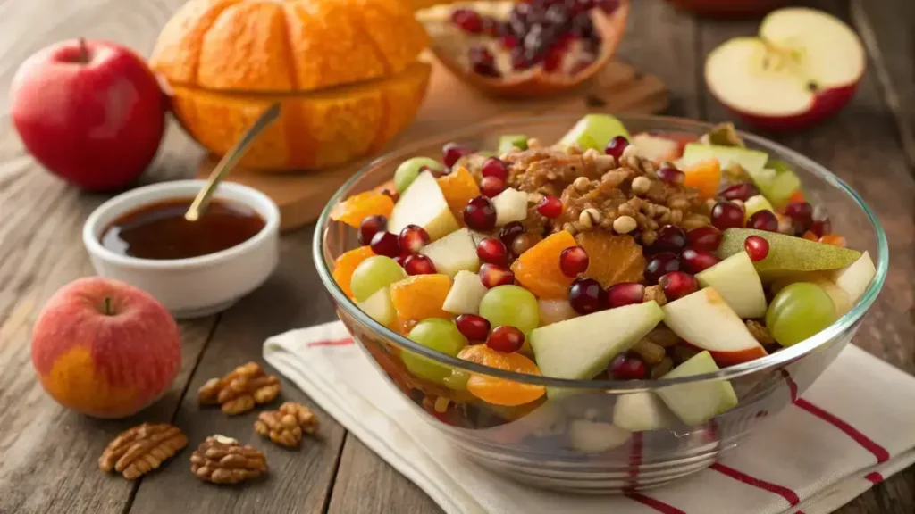 A colorful Fall Fruit Salad with apples, pears, grapes, orange segments, and pomegranate seeds topped with walnuts.