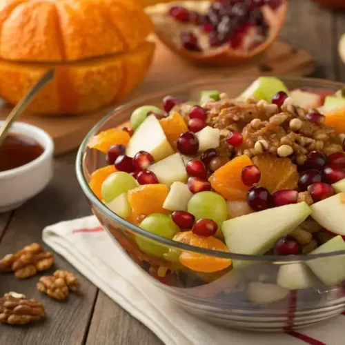 A colorful Fall Fruit Salad with apples, pears, grapes, orange segments, and pomegranate seeds topped with walnuts.