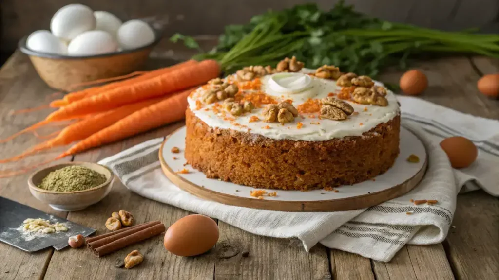 A gluten free carrot cake with creamy frosting and walnuts on a wooden table, surrounded by fresh carrots and baking ingredients.