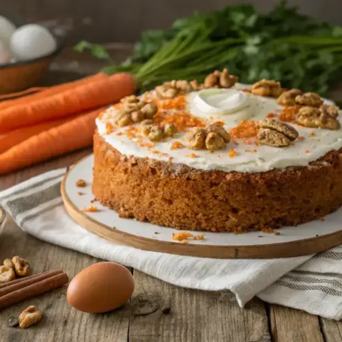 A gluten free carrot cake with creamy frosting and walnuts on a wooden table, surrounded by fresh carrots and baking ingredients.