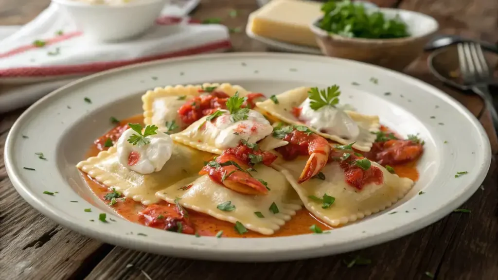 Plate of lobster ravioli garnished with parsley and creamy sauce.