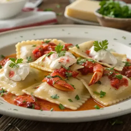 Plate of lobster ravioli garnished with parsley and creamy sauce.