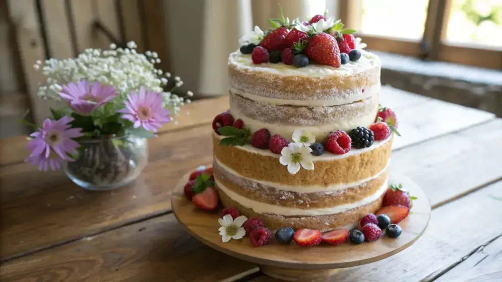 A stunning two-layer Naked Cake with buttercream frosting and fresh berries on top.