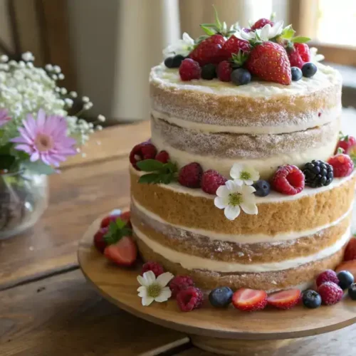 A stunning two-layer Naked Cake with buttercream frosting and fresh berries on top.