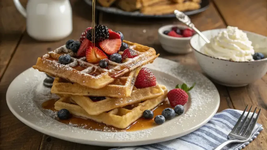 Delicious golden brown waffles topped with fresh berries and syrup on a wooden table.