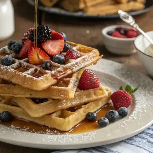Delicious golden brown waffles topped with fresh berries and syrup on a wooden table.