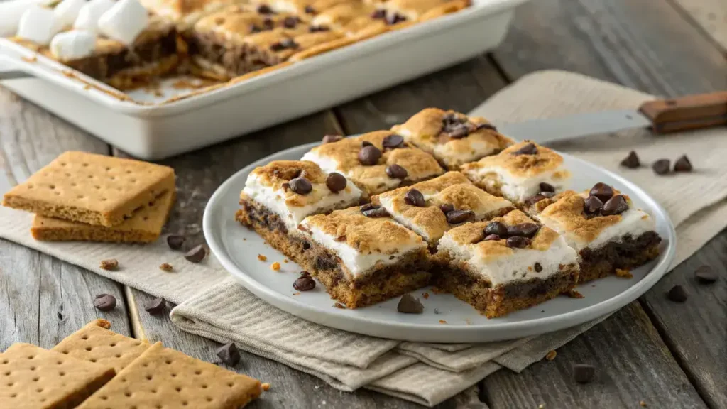 A plate of S'mores Bars with melted marshmallows and chocolate chips, cut into squares.