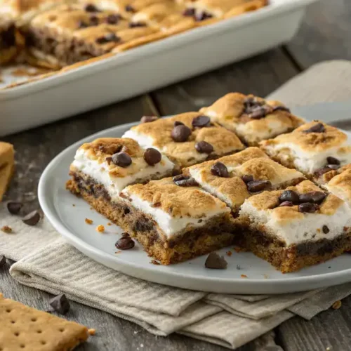 A plate of S'mores Bars with melted marshmallows and chocolate chips, cut into squares.