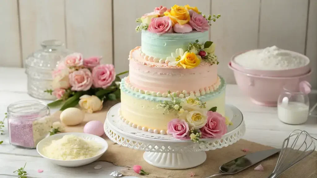 A three-layered tiered cake with pastel buttercream frosting and fresh flowers on a cake stand.