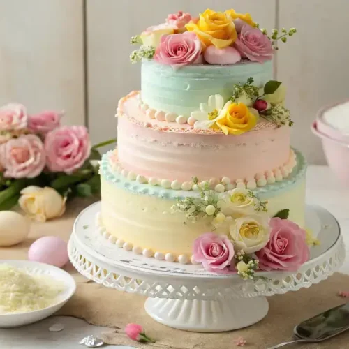 A three-layered tiered cake with pastel buttercream frosting and fresh flowers on a cake stand.