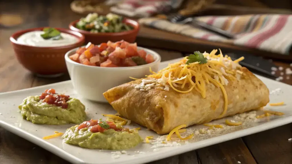 Golden brown frozen chimichanga garnished with cheese and served with salsa, sour cream, and guacamole.