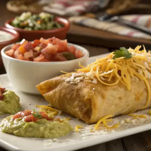 Golden brown frozen chimichanga garnished with cheese and served with salsa, sour cream, and guacamole.
