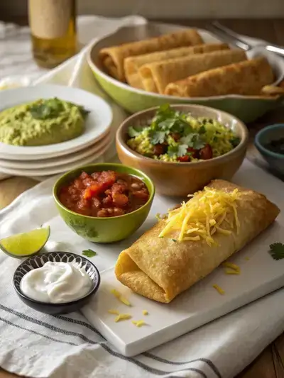Frozen chimichanga with frying oil, salsa, sour cream, guacamole, and shredded cheese on a kitchen table.