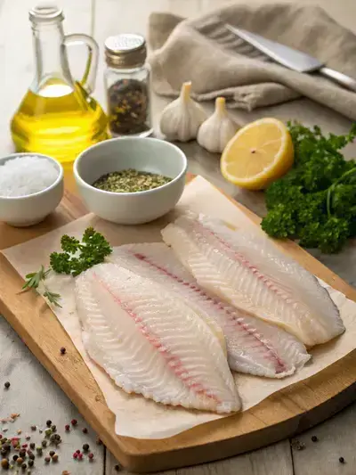 Ingredients for Air Fryer Flounder displayed on a kitchen table, including flounder fillets, olive oil, spices, lemon, and parsley.