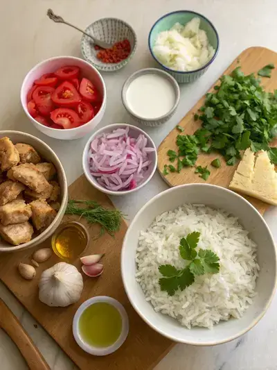 A vibrant assortment of biryani ingredients laid out on a kitchen table.