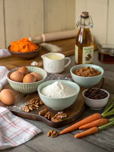A collection of ingredients for gluten free carrot cake on a wooden kitchen table, including flour, sugar, grated carrots, and spices.