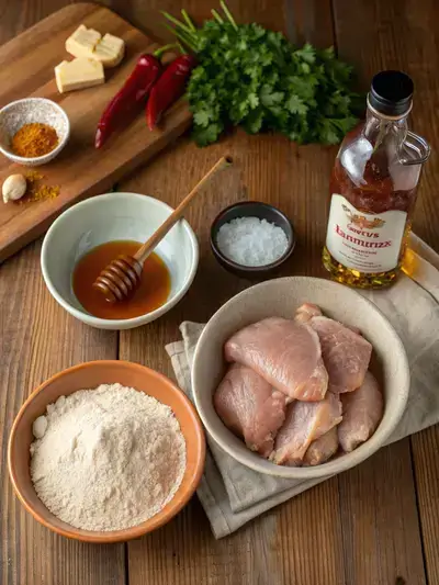 Ingredients for hot honey chicken displayed on a kitchen table.