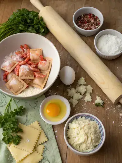 Fresh ingredients for lobster ravioli displayed on a kitchen table.