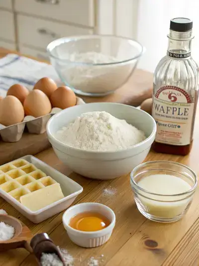 Ingredients for a no milk waffle recipe arranged on a kitchen table.