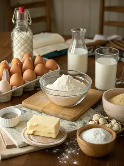 A kitchen table filled with ingredients for a tiered cake, including flour, sugar, butter, eggs, and milk.