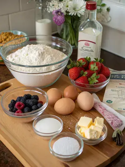 A collection of ingredients for a Naked Cake displayed on a kitchen table.