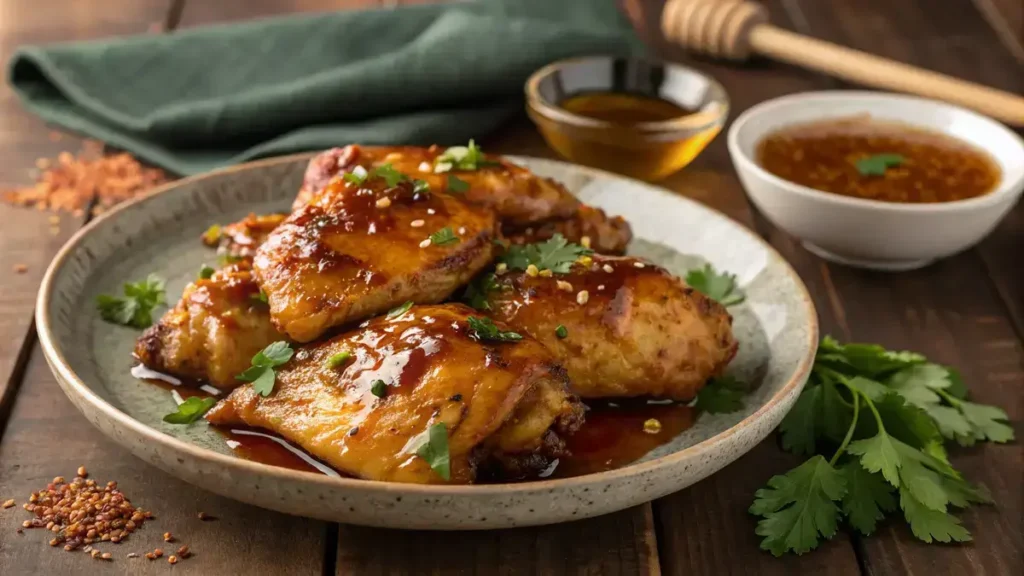 Delicious hot honey chicken garnished with parsley on a rustic wooden table.