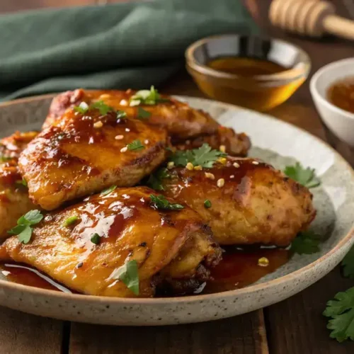 Delicious hot honey chicken garnished with parsley on a rustic wooden table.