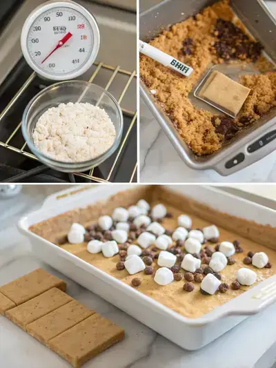 Step-by-step process of making S'mores Bars, including preheating the oven, preparing the crust, and adding fillings.