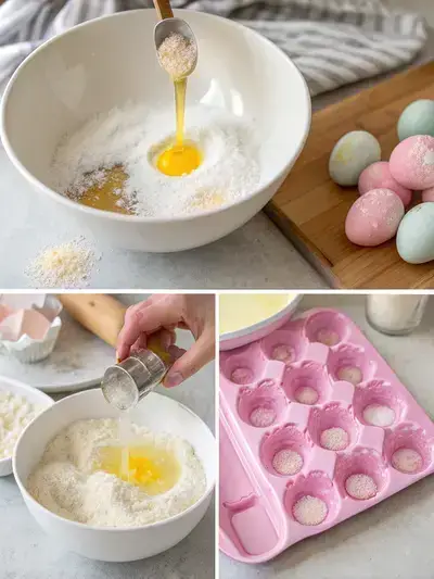 Step-by-step process of making sugar easter eggs, including mixing ingredients, preparing the mold, and drying the eggs.