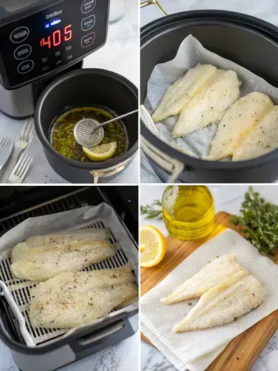 Step-by-step preparation of Air Fryer Flounder, including preheating the air fryer, drying fillets, brushing with olive oil, and seasoning.