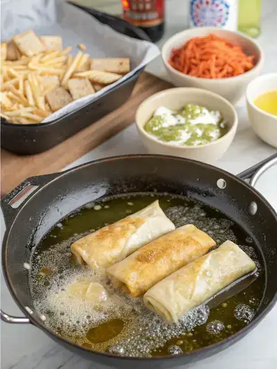 Step-by-step process of making frozen chimichanga, from frying to serving with toppings.