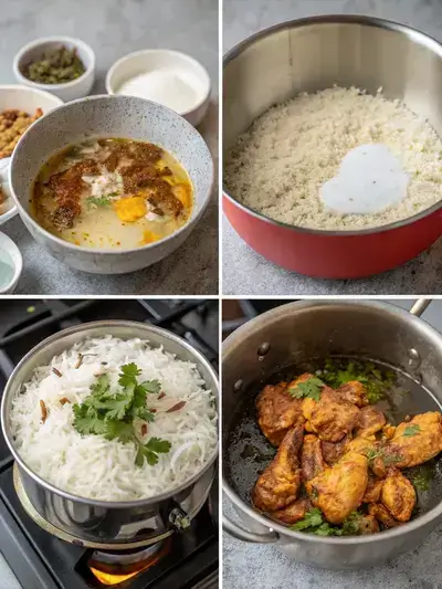 A step-by-step visual guide to making biryani, featuring rinsing rice, marinating chicken, cooking spices, and the final dish.