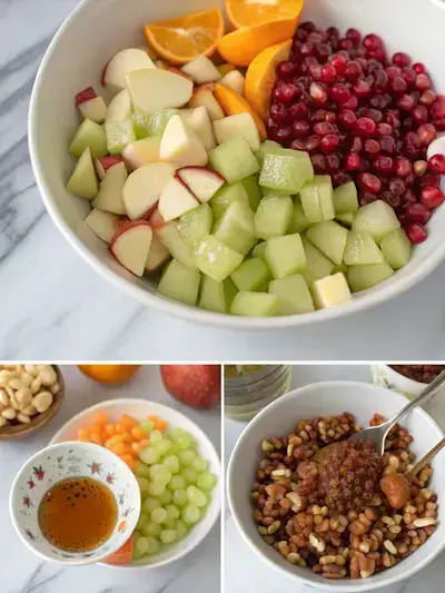A step-by-step visual guide to preparing a Fall Fruit Salad, featuring fresh fruits, a sweet dressing, and crunchy walnuts.