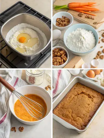Step-by-step process of making gluten free carrot cake, showcasing mixing ingredients and preparing the batter.