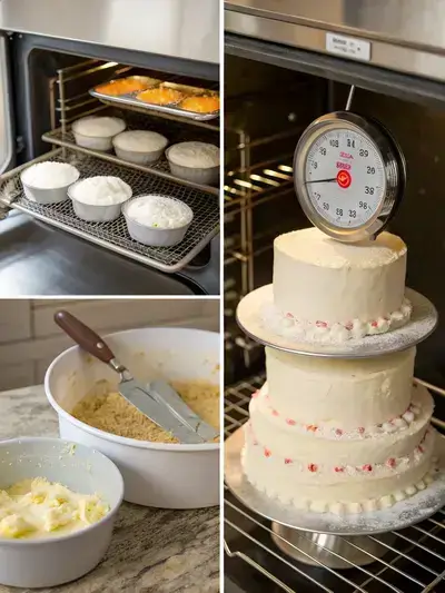 Step-by-step visual guide for making a tiered cake, including preheating the oven, mixing ingredients, baking, and decorating.