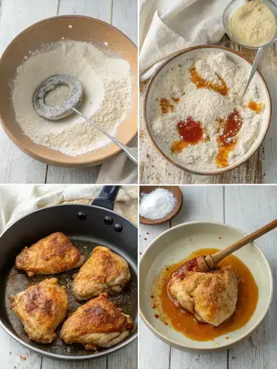 Step-by-step process of preparing hot honey chicken, including ingredients and cooking methods.