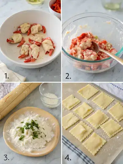Step-by-step preparation of lobster ravioli, showcasing chopped lobster, filling ingredients, rolled pasta dough, and filled ravioli.