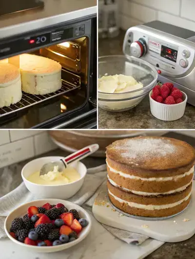 A step-by-step visual guide to making a Naked Cake, featuring preheating the oven, preparing cake pans, creaming butter and sugar, and the final decorated cake with fresh berries.