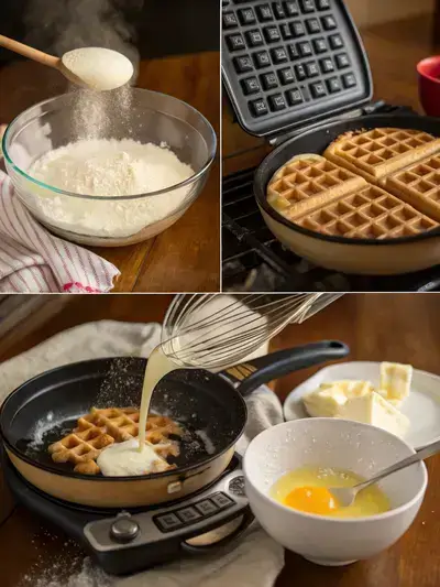 Four-step process of making no milk waffles, including preheating the waffle iron, mixing dry ingredients, preparing wet ingredients, and pouring batter onto the waffle iron.