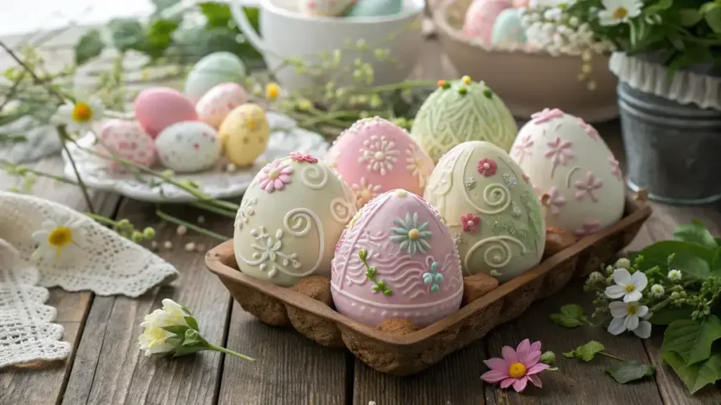Colorful sugar easter eggs displayed on a wooden table with spring flowers.