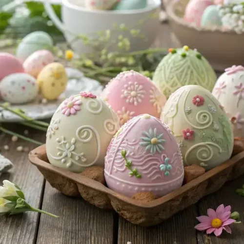 Colorful sugar easter eggs displayed on a wooden table with spring flowers.